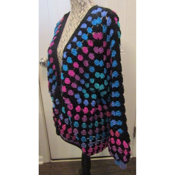 Hand Crochet Cardigan Sweater Jacket Boho Hippie Retro Balloon Sleeves Size L - Picture 3 of 6